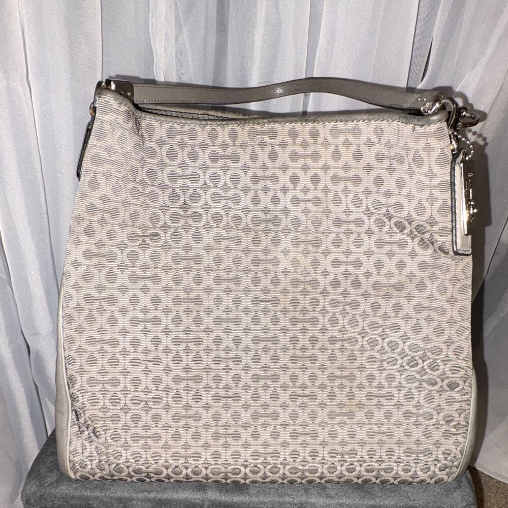 Coach Madison Signature Logo gray Shoulder Bag Leather Trim Pink Lining